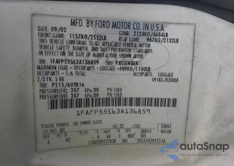 2003 Ford Taurus Ses из США, поврежденный, VIN 1FAFP55S63A136859